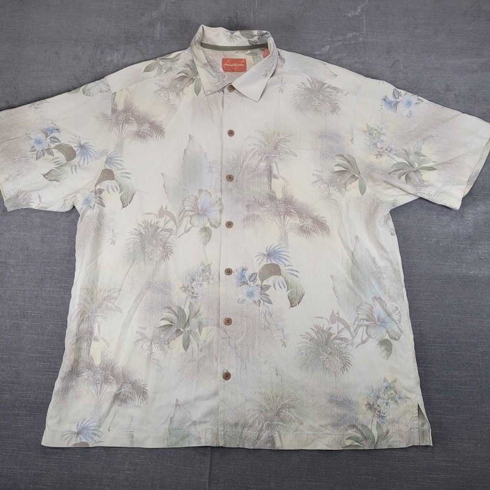 Tommy Bahama Mens XL Silk Hawaiian Shirt Short Sleeve Floral Palm‎ Tree Beige